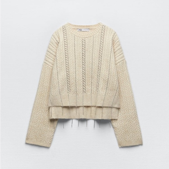 Zara Ecru Rhinestone Openwork Knit Sweater - Picture 15 of 17